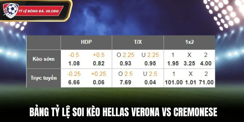 Soi kèo Hellas Verona vs Cremonese - bảng tỷ lệ cược