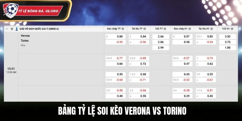 Bảng tỷ lệ cược giữa Verona vs Torino 00h00 05/01/2026