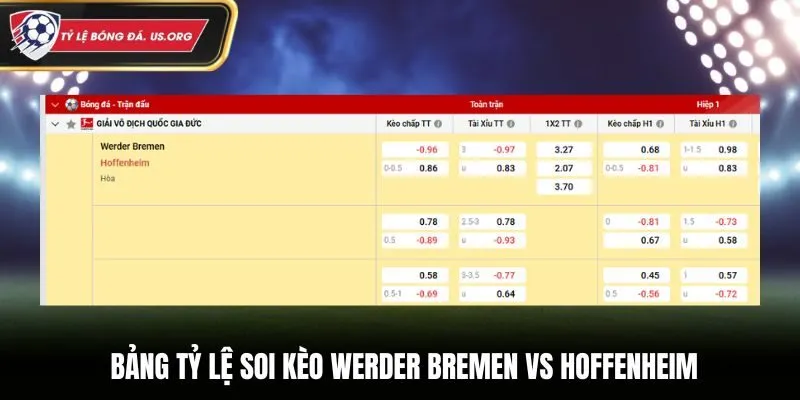 Bảng tỷ lệ soi kèo Werder Bremen vs Hoffenheim chi tiết